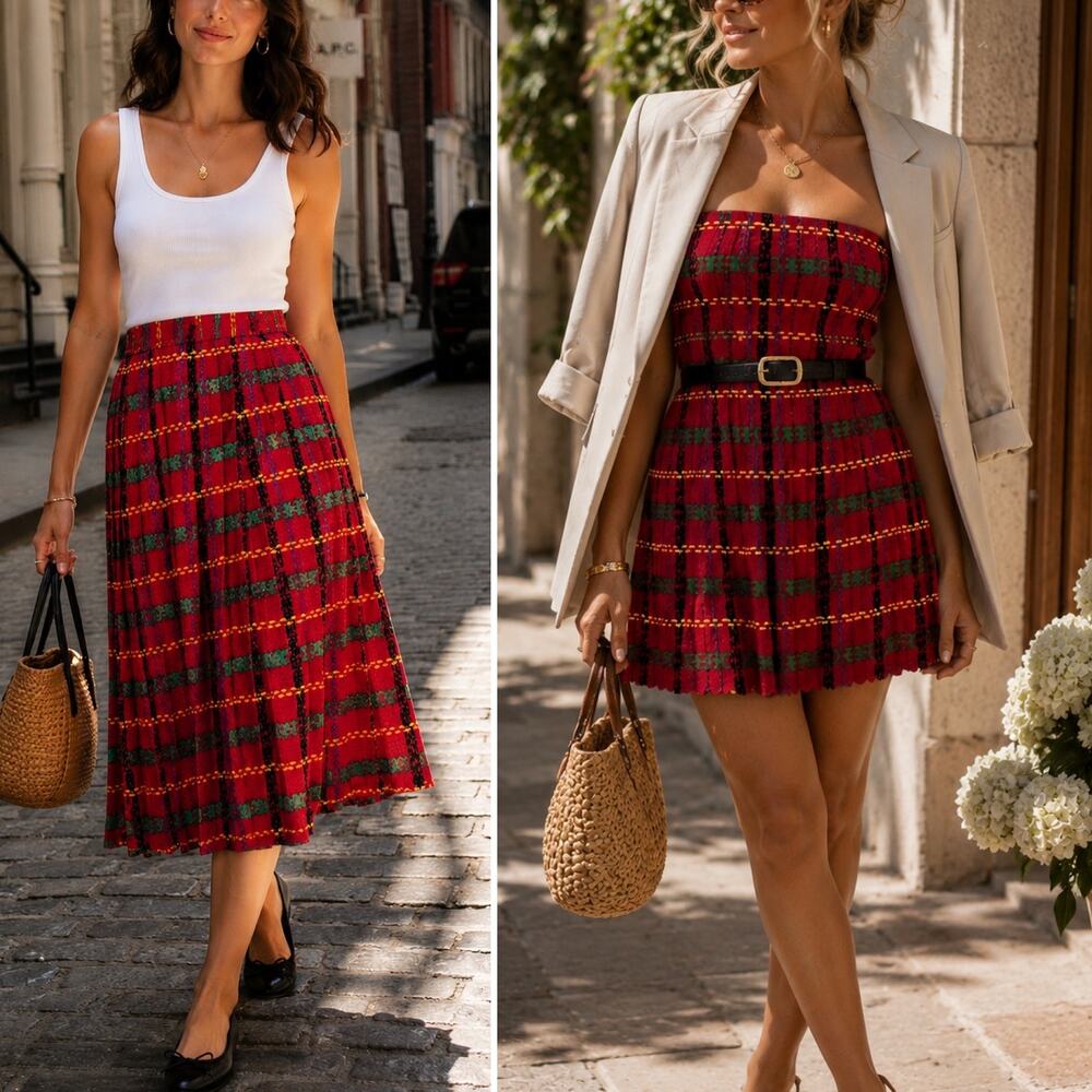 Vintage Andrea Gayle Plaid Pleated Midi Skirt Convertible Mini Dress S M - Picture 1 of 14
